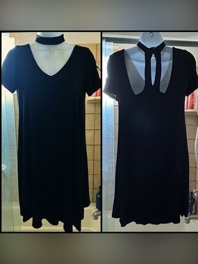 Classic Black V-Neck Flowy Soft Made In USA Choker Shift Dress Size Medium